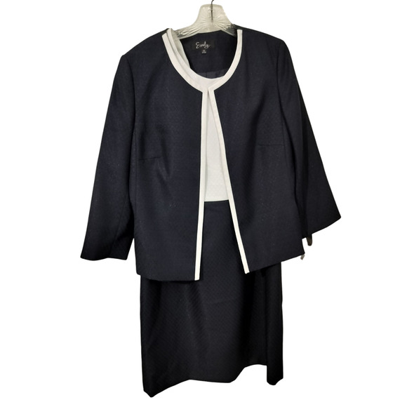 3533) Emily Women's Navy Blue White 2 Pcs Dress & Jacket Career Suit Size 14